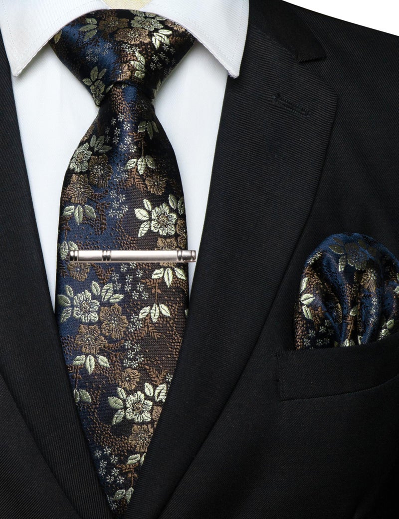 JEMYGINS Silk Brown Floral Tie Necktie and Pocket Square, Hankerchief and Tie Bar Clip Sets for Men(56) - Image 2