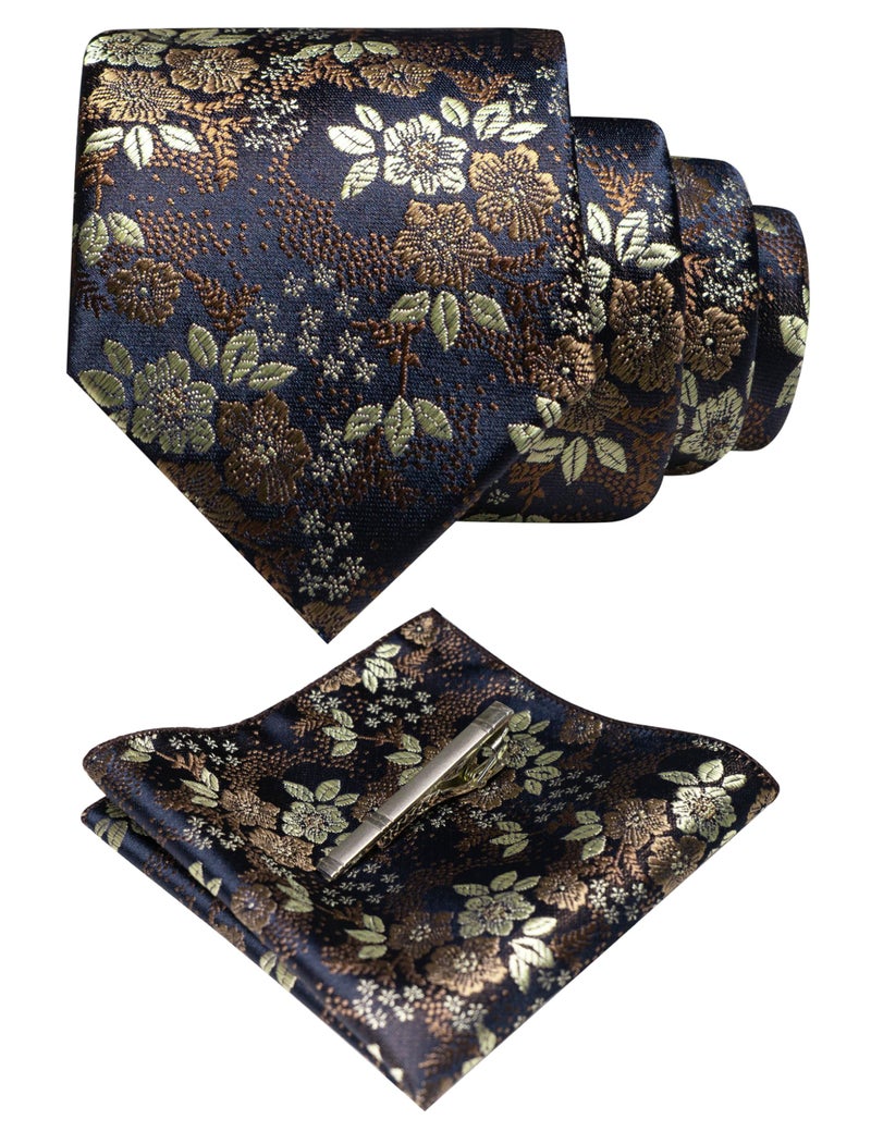 JEMYGINS Silk Brown Floral Tie Necktie and Pocket Square, Hankerchief and Tie Bar Clip Sets for Men(56) - Image 1