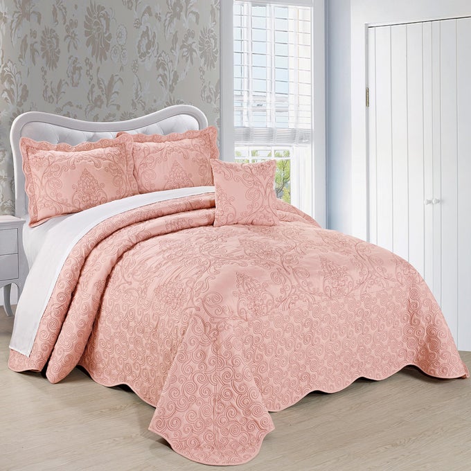 DAMASK 4 PIECE BEDSPREAD SET SCALLOPED EDGE REVERSIBLE QUILT COVERLET COMFORTER PREWASHED BEDDING SET MATELASSE EMBOSSED FLORAL SOLID PATTERNDUSTY PINK OVERSIZE KING120 X 120