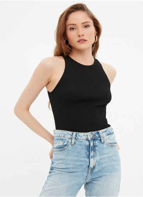 Black Ribbed Knit Blouse