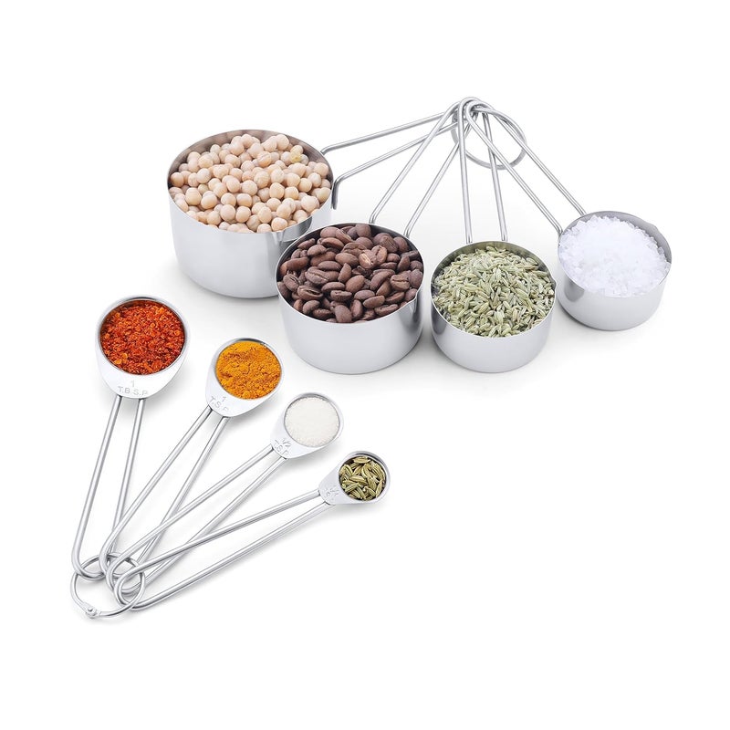 perch Stainless Steel Measuring Cups and Spoons Set for Dry or Liquid/Kitchen Gadgets for Cooking & Baking Cakes | Set of 4 Cups & 4 Spoons | Wire Handle Design - Image 1