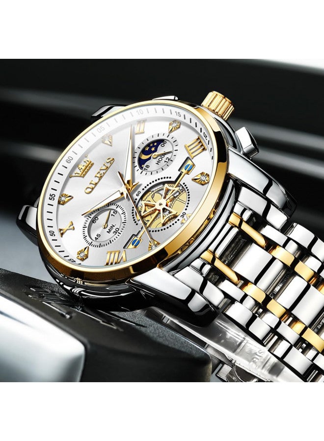 OLEVS ساعة OLEVS للرجال كرونوغراف للأعمال ساعة أنالوج كوارتز من الفولاذ المقاوم للصدأ مقاومة للماء مضيئة متعددة الوظائف ساعة فاخرة كاجوال للرجال فضية - Image 4