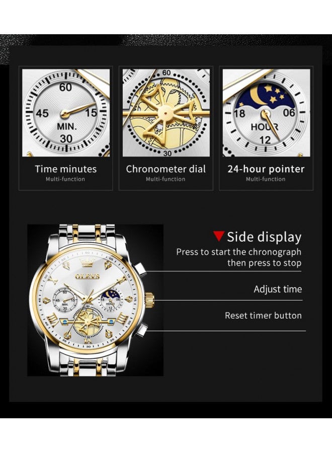 OLEVS ساعة OLEVS للرجال كرونوغراف للأعمال ساعة أنالوج كوارتز من الفولاذ المقاوم للصدأ مقاومة للماء مضيئة متعددة الوظائف ساعة فاخرة كاجوال للرجال فضية - Image 3