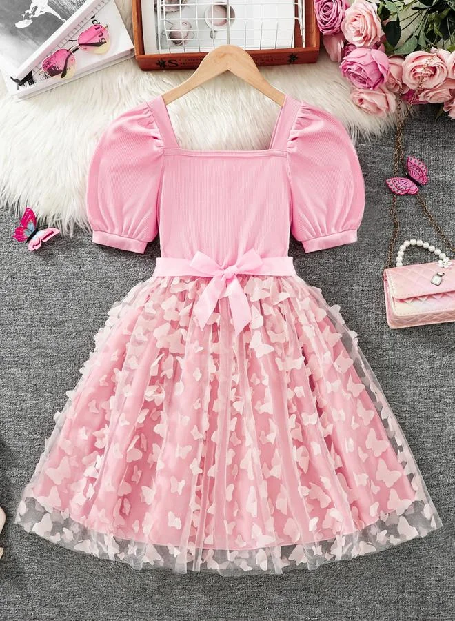 Take Two Girls Pink Puff Sleeve Butterfly Embellished Dress