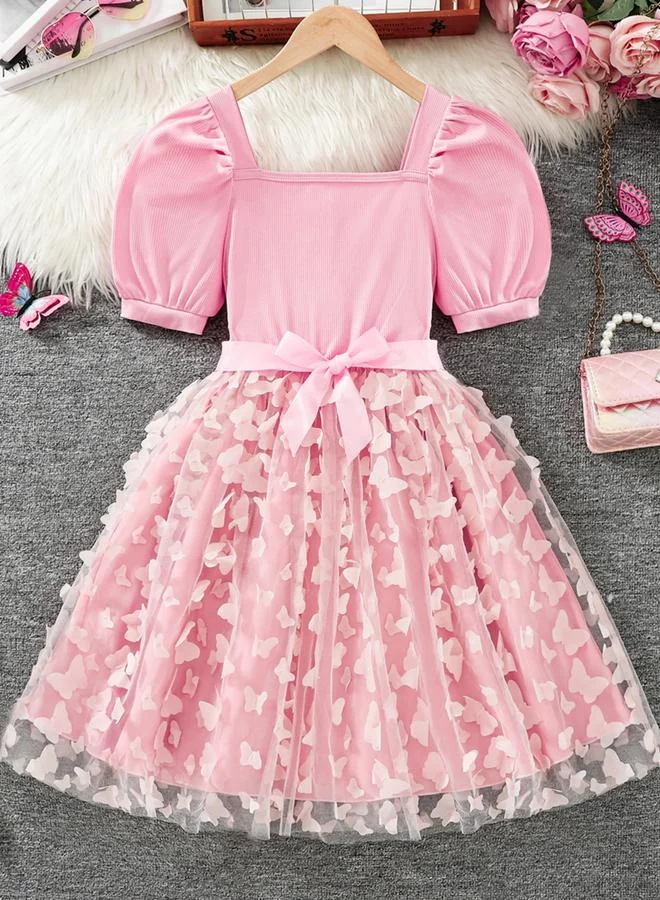 Take Two Girls Pink Puff Sleeve Butterfly Embellished Dress