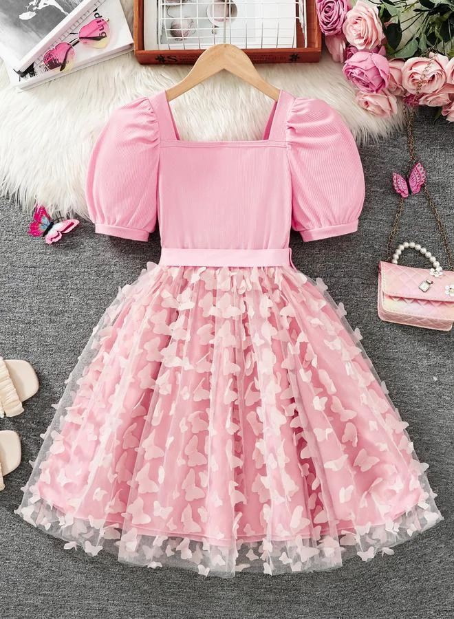 Take Two  Girls Pink Puff Sleeve Butterfly Embellished Dress for Women | Best Price UAE