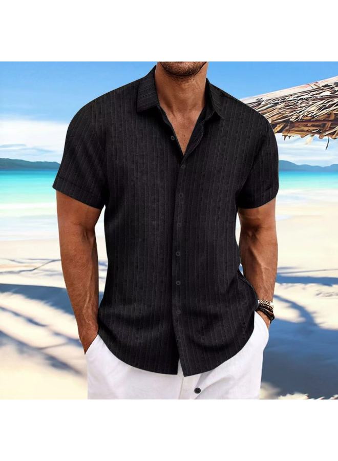 Popular New Men's Cotton And Linen Striped Jacquard Sports Casual Loose Short-sleeved Shirt