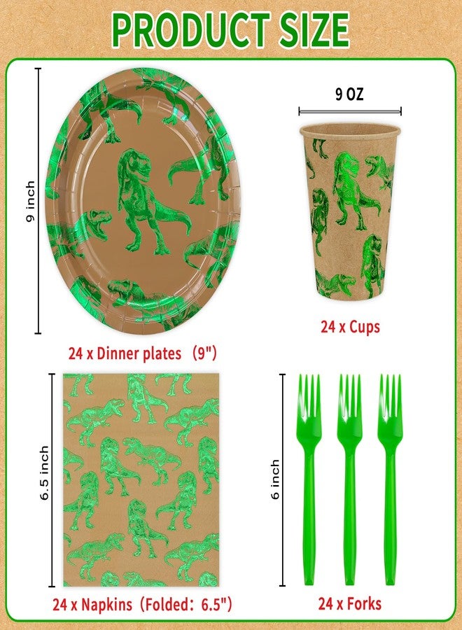 DYLIVeS Green Foil Dinosaur Birthday Party Decorations, Rawr Dinosaur Disposable Tableware Set with 9'' Dinner Plates, Napkins, Cups, Forks - Serves 24 - Image 2