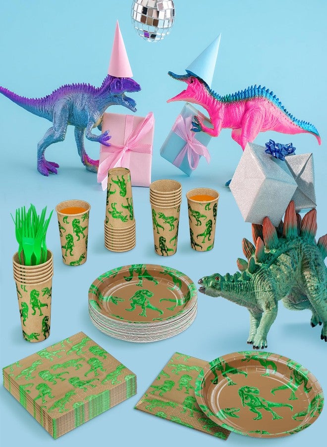 DYLIVeS Green Foil Dinosaur Birthday Party Decorations, Rawr Dinosaur Disposable Tableware Set with 9'' Dinner Plates, Napkins, Cups, Forks - Serves 24 - Image 3