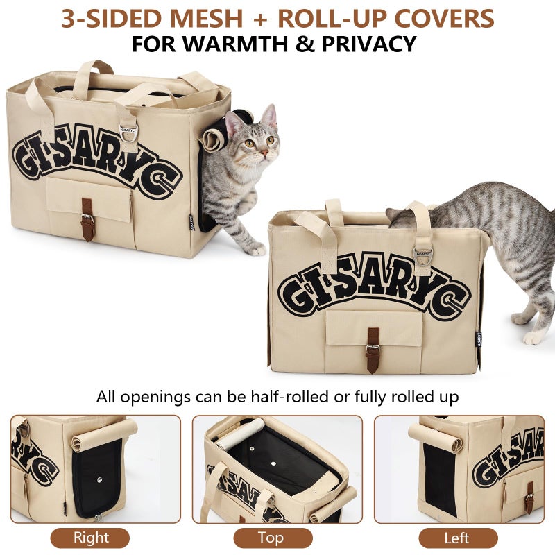 Gisaryc Dog Purse Carrier for Small Dogs, Cats and Puppies â€“ Soft-Sided Foldable Pet Travel Bag with Multi Pockets, 3-Sided Mesh & Rollable Cover for Nervous Cats, Fits Pets up to 15 lbs (Beige) - Image 3
