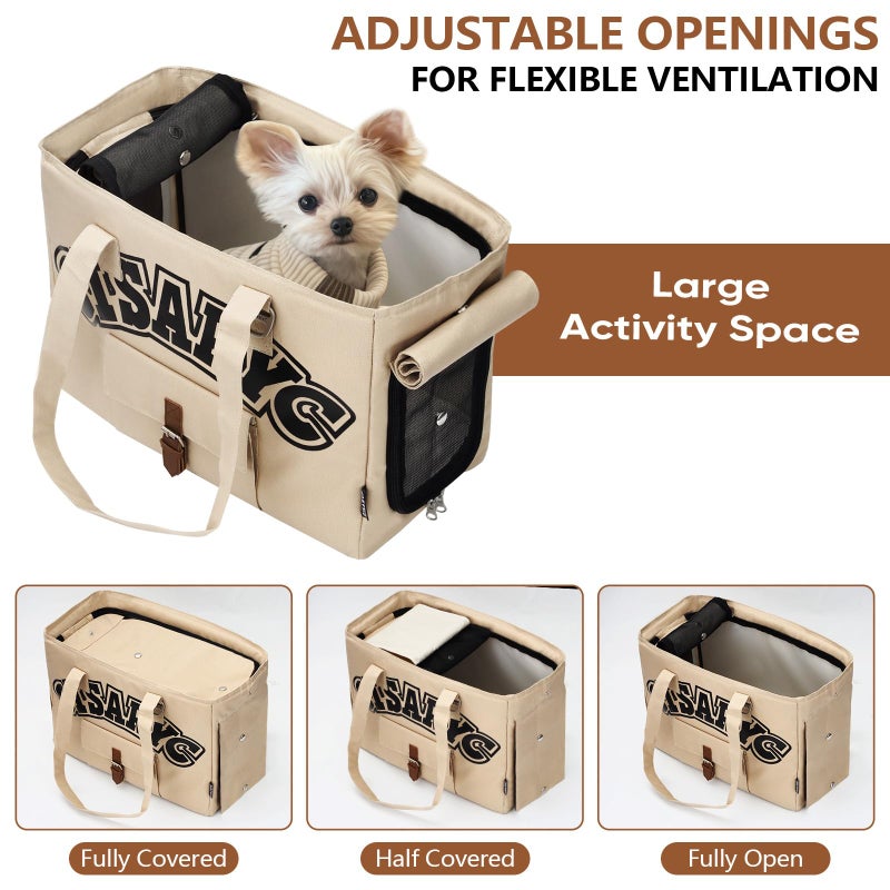 Gisaryc Dog Purse Carrier for Small Dogs, Cats and Puppies â€“ Soft-Sided Foldable Pet Travel Bag with Multi Pockets, 3-Sided Mesh & Rollable Cover for Nervous Cats, Fits Pets up to 15 lbs (Beige) - Image 2