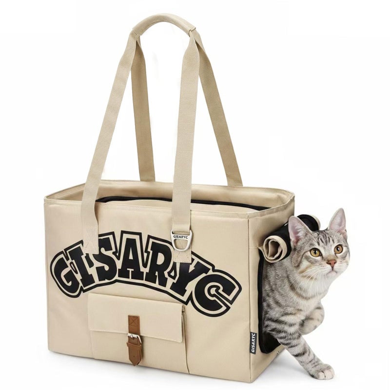 Gisaryc Dog Purse Carrier for Small Dogs, Cats and Puppies â€“ Soft-Sided Foldable Pet Travel Bag with Multi Pockets, 3-Sided Mesh & Rollable Cover for Nervous Cats, Fits Pets up to 15 lbs (Beige) - Image 1