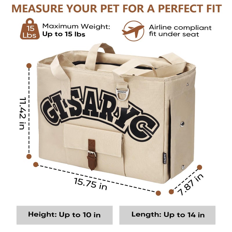 Gisaryc Dog Purse Carrier for Small Dogs, Cats and Puppies â€“ Soft-Sided Foldable Pet Travel Bag with Multi Pockets, 3-Sided Mesh & Rollable Cover for Nervous Cats, Fits Pets up to 15 lbs (Beige) - Image 4