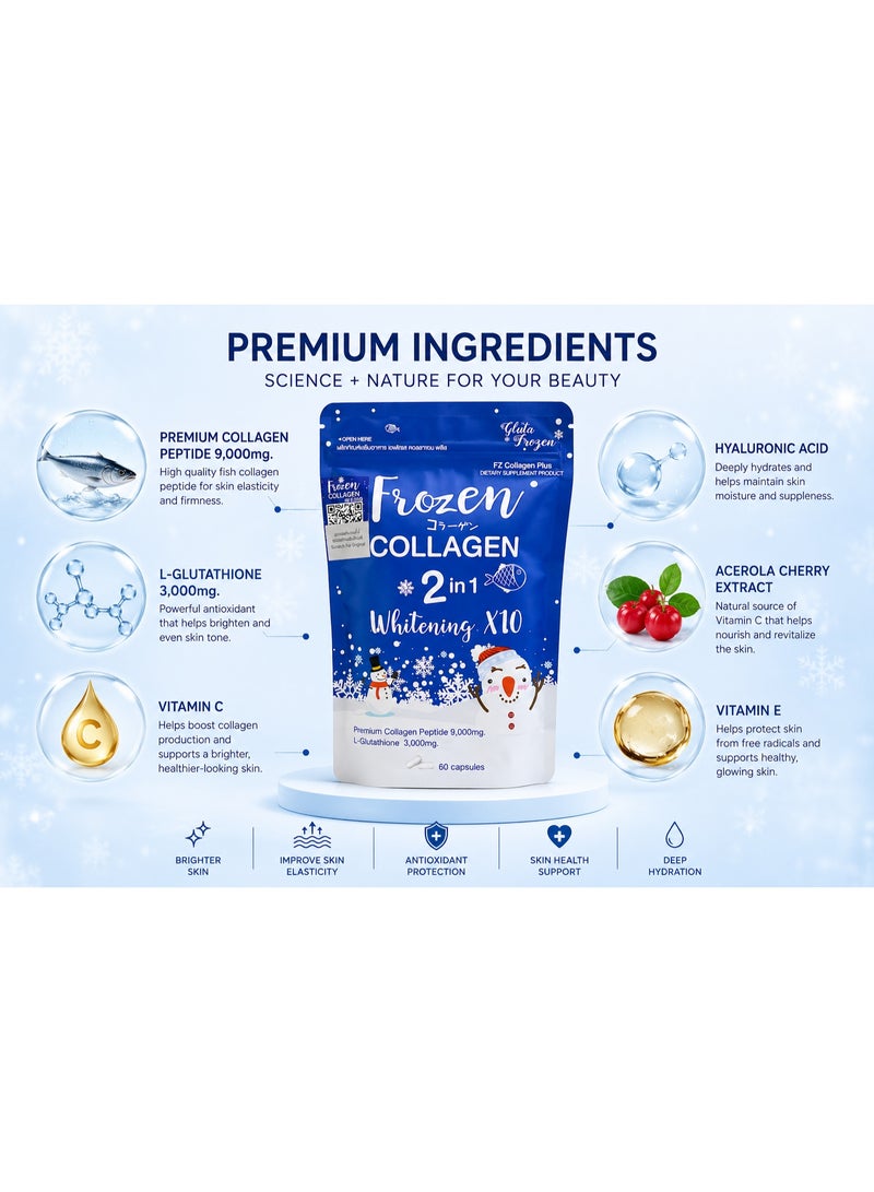 Frozen Collagen Plus 2 in 1 | Marine Collagen, Glutathione & Hyaluronic Acid Supplement | 60 Capsules - Image 3