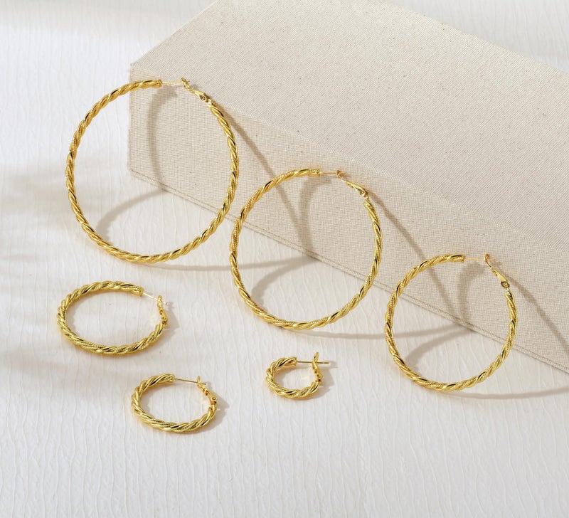 AllenCOCO Gold Hoop Earrings for Women, 18K Gold Plated Twisted Rope Design, Textured Thin Round Hoops with Sterling Silver Post Hypoallergenic 40mm - Image 5