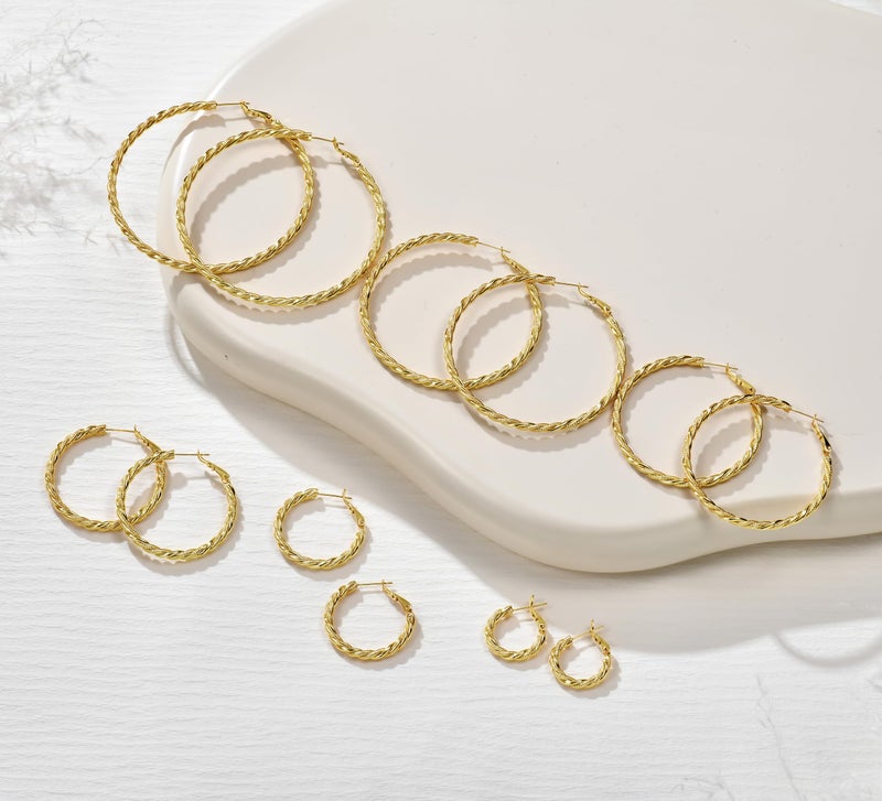 AllenCOCO Gold Hoop Earrings for Women, 18K Gold Plated Twisted Rope Design, Textured Thin Round Hoops with Sterling Silver Post Hypoallergenic 40mm - Image 4