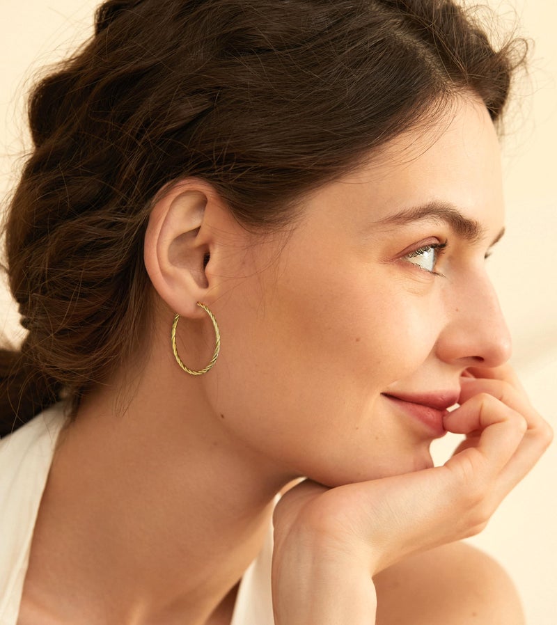 AllenCOCO Gold Hoop Earrings for Women, 18K Gold Plated Twisted Rope Design, Textured Thin Round Hoops with Sterling Silver Post Hypoallergenic 40mm - Image 3