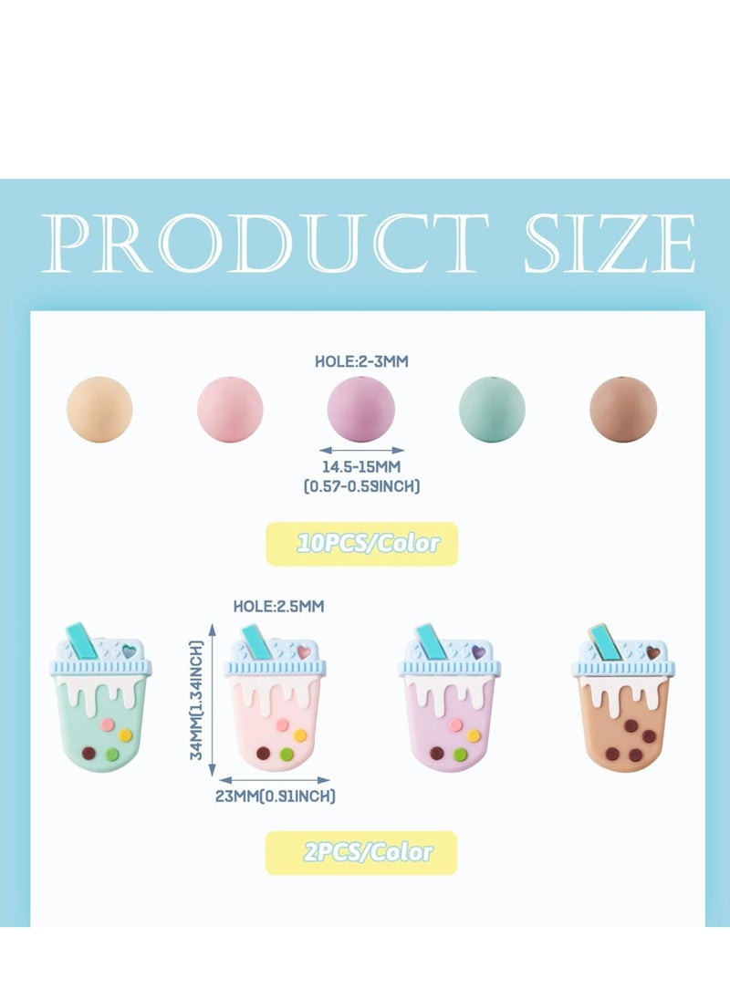 Velaurs 58PCS Round Beads Milk Tea Silicone Beads Set for Key Chain Bracelet Lanyard DIY Pen Decoration Supplies  - Image 4