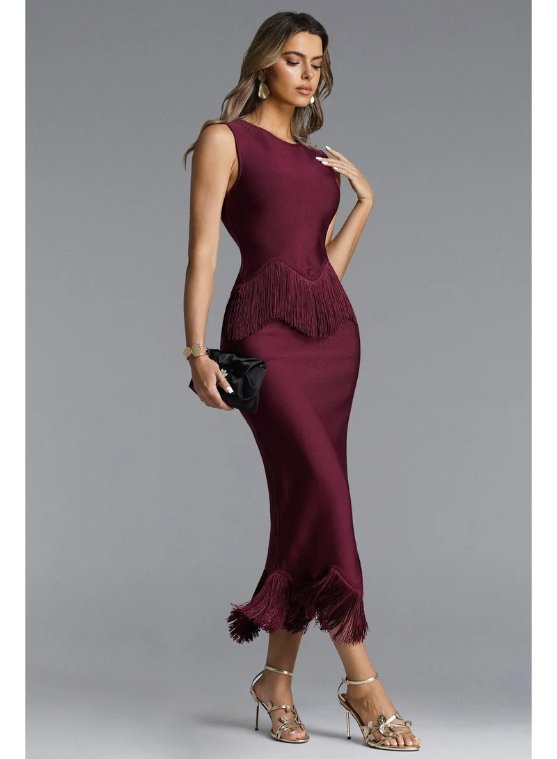 Bella Barnett Wenesa Classic Tailored Sleeveless Fringe Bandage Maxi Dress