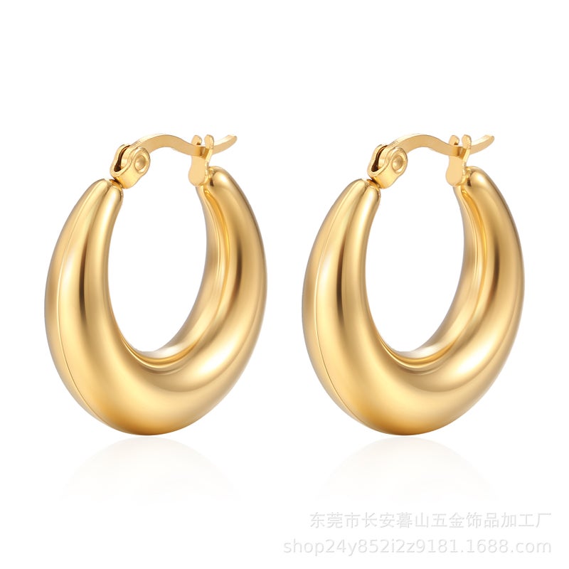 Retro Stainless Steel Hollow Earrings Light Luxury Womens Temperament Titanium Steel Crescent Plated 18K Hollow Glazed Earrings Gold 25MM 