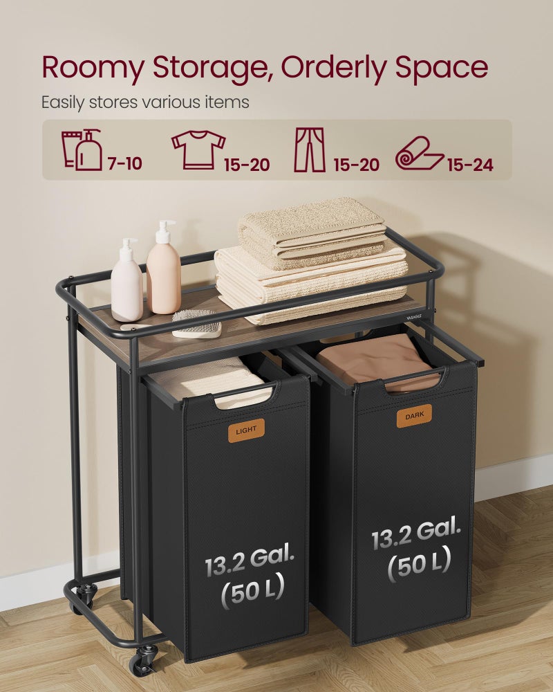 VASAGLE Laundry Sorter, Laundry Hamper with Wheels, 26.4 Gal. (100 L) Portable Rolling Cart Baskets with Shelf, 2 Removable Liners and 6 Labels, Ink Black and Chestnut Brown UBLH102BH01 - Image 3
