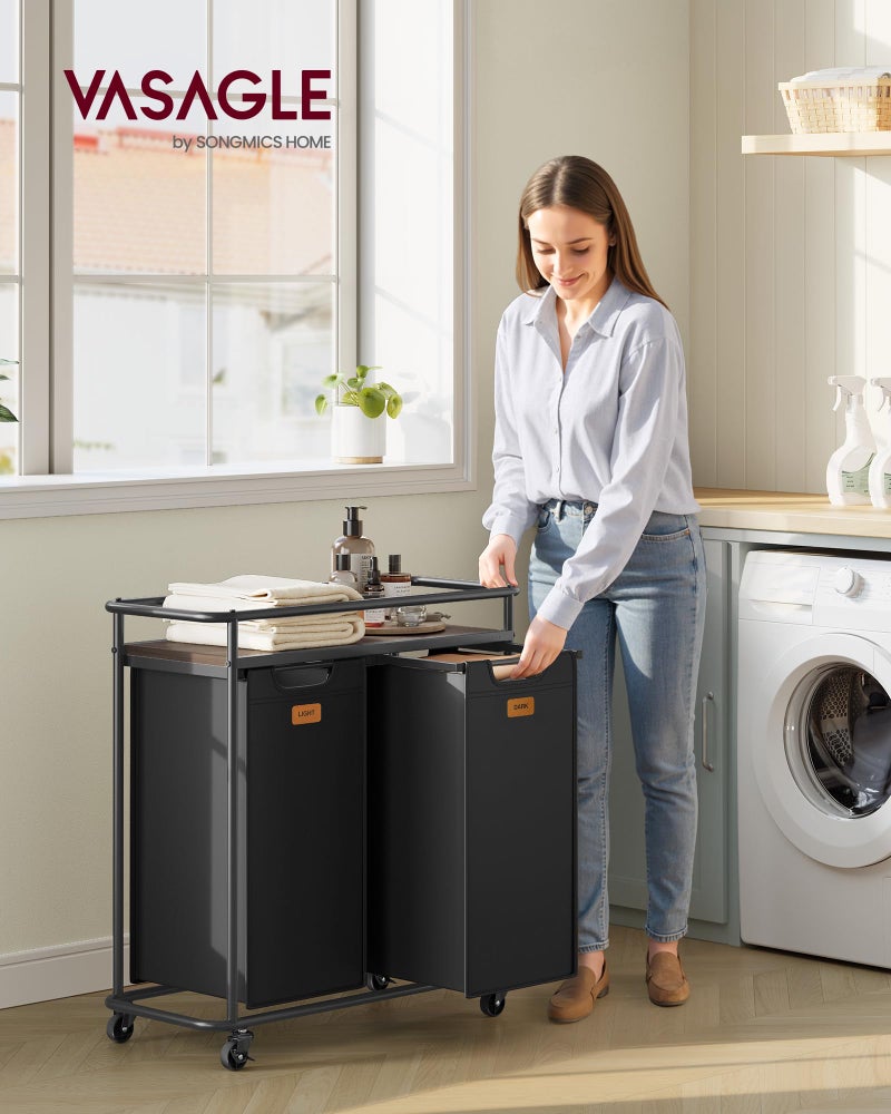 VASAGLE Laundry Sorter, Laundry Hamper with Wheels, 26.4 Gal. (100 L) Portable Rolling Cart Baskets with Shelf, 2 Removable Liners and 6 Labels, Ink Black and Chestnut Brown UBLH102BH01 - Image 2