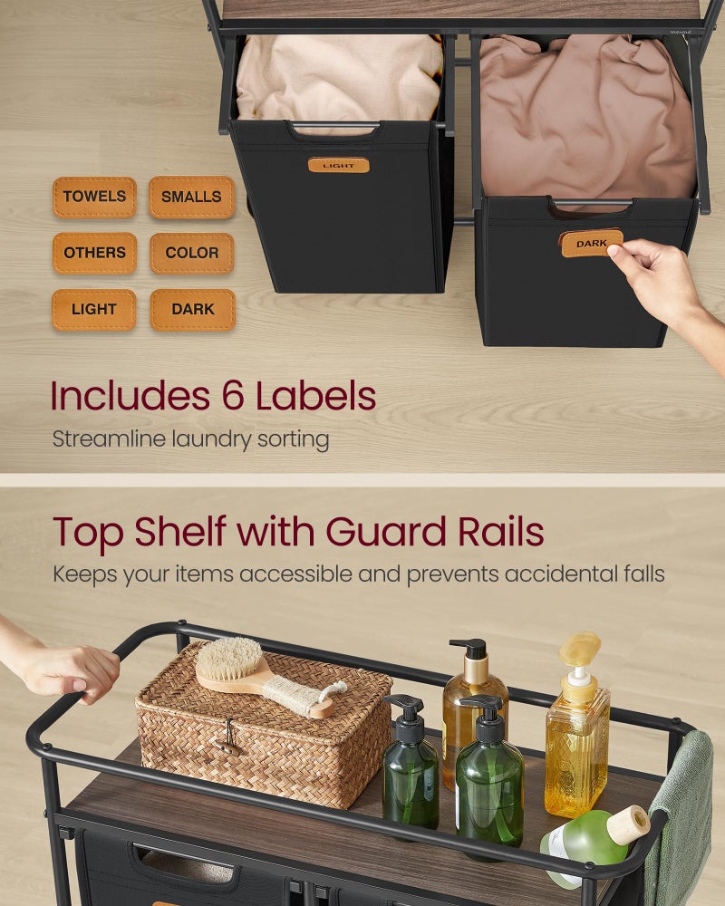 VASAGLE Laundry Sorter, Laundry Hamper with Wheels, 26.4 Gal. (100 L) Portable Rolling Cart Baskets with Shelf, 2 Removable Liners and 6 Labels, Ink Black and Chestnut Brown UBLH102BH01 - Image 5
