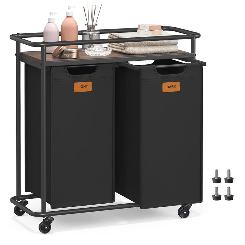 VASAGLE Laundry Sorter, Laundry Hamper with Wheels, 26.4 Gal. (100 L) Portable Rolling Cart Baskets with Shelf, 2 Removable Liners and 6 Labels, Ink Black and Chestnut Brown UBLH102BH01 - Image 1