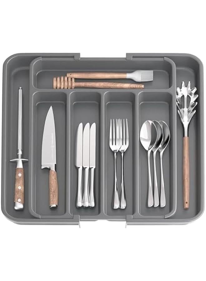 هوكور منظم درج الأدوات الفضية، صينية أدوات مائدة قابلة للتوسيع للمطبخ، منظم أدوات مائدة قابل للتعديل، منظم درج أدوات المائدة للشوك والسكاكين، منظم أدوات المطبخ متعددة الأغراض والتخزين (رمادي) - Image 1
