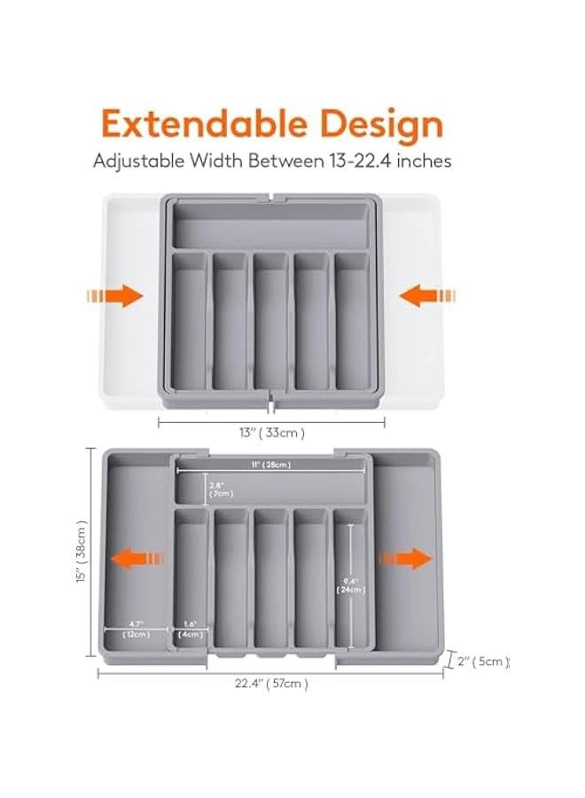 هوكور منظم درج الأدوات الفضية، صينية أدوات مائدة قابلة للتوسيع للمطبخ، منظم أدوات مائدة قابل للتعديل، منظم درج أدوات المائدة للشوك والسكاكين، منظم أدوات المطبخ متعددة الأغراض والتخزين (رمادي) - Image 2