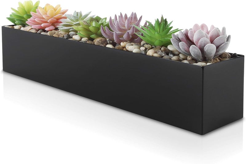 Lavish Craft Modern Narrow Planter Box | 16" Metal Perfect as a Succulent Planter for Table or Window Sill Planters Indoor | Rectangular Stainless Steel Long Planter, White (Black) - Image 1