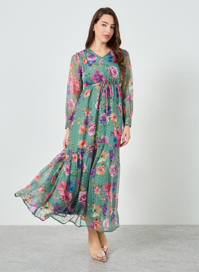 Styli Women Green Floral Print Lurex Maxi Dress - Image 3