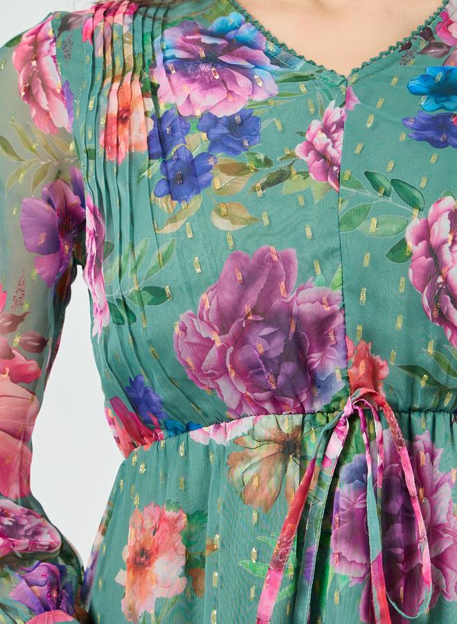 Styli Women Green Floral Print Lurex Maxi Dress - Image 4