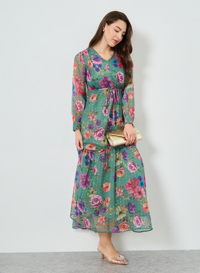 Styli Women Green Floral Print Lurex Maxi Dress - Image 1