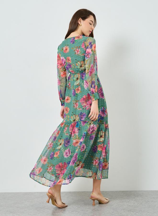 Styli Women Green Floral Print Lurex Maxi Dress - Image 5