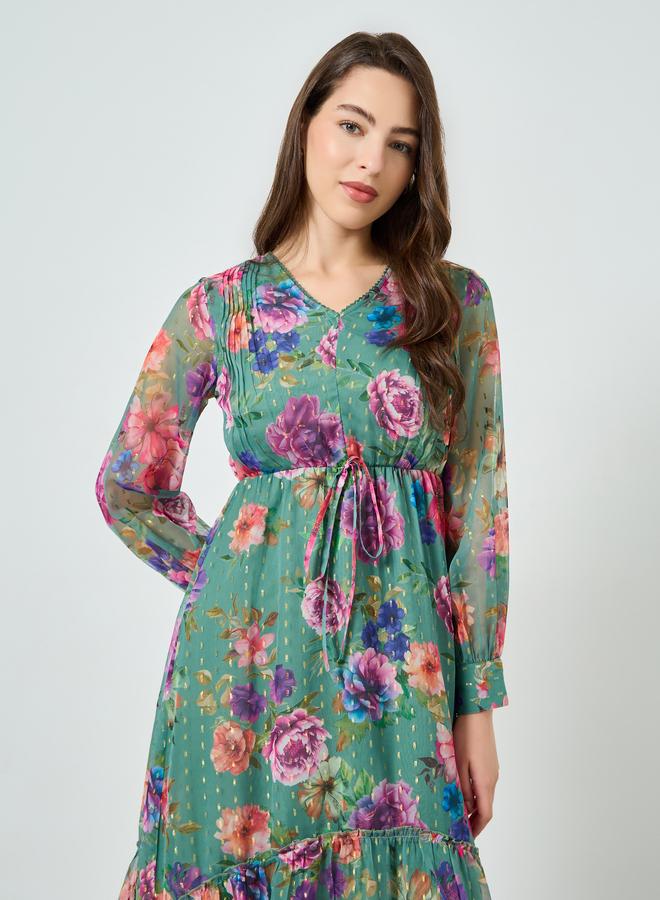 Styli Women Green Floral Print Lurex Maxi Dress - Image 2