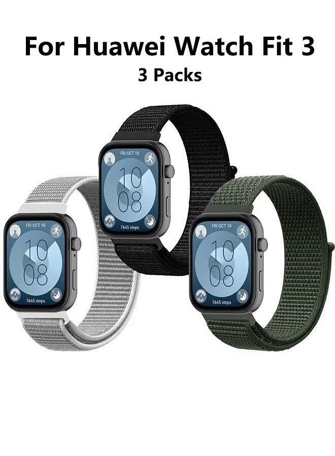 3 Packs Suitable for Huawei Watch Fit 3 Velcro Nylon Loop Strap, Nylon Watchband Replacement Bracelet for Huawei Watch Fit 3 (Black, Green, Sea Shell Color ﻿）  - Image 1