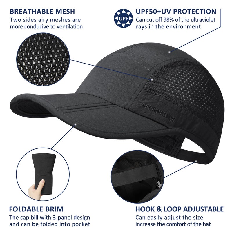 GADIEMKENSD Men Outdoor Hat Reflective Folding Running Sport Hats Summer Cool UPF 50 Sun Unstructured Baseball Caps for Men Women Breathable Light Quick Dry Travel Golf Hat Black - Image 2