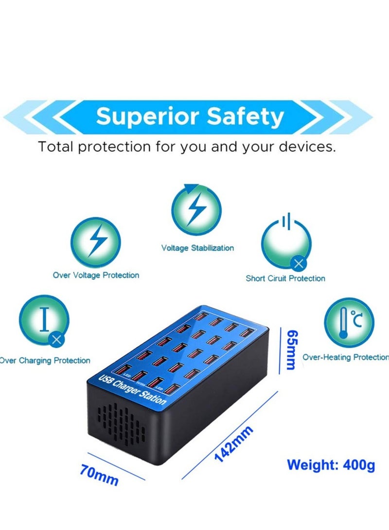 Excefore محطة شحن USB، 20 منفذ 100 واط/20 أمبير محطة شحن USB متعددة، شاحن USB متعدد المنافذ، للأجهزة اللوحية وغيرها من أجهزة USB، للفنادق والمتاجر والمدارس ومراكز التسوق والسفر - Image 2