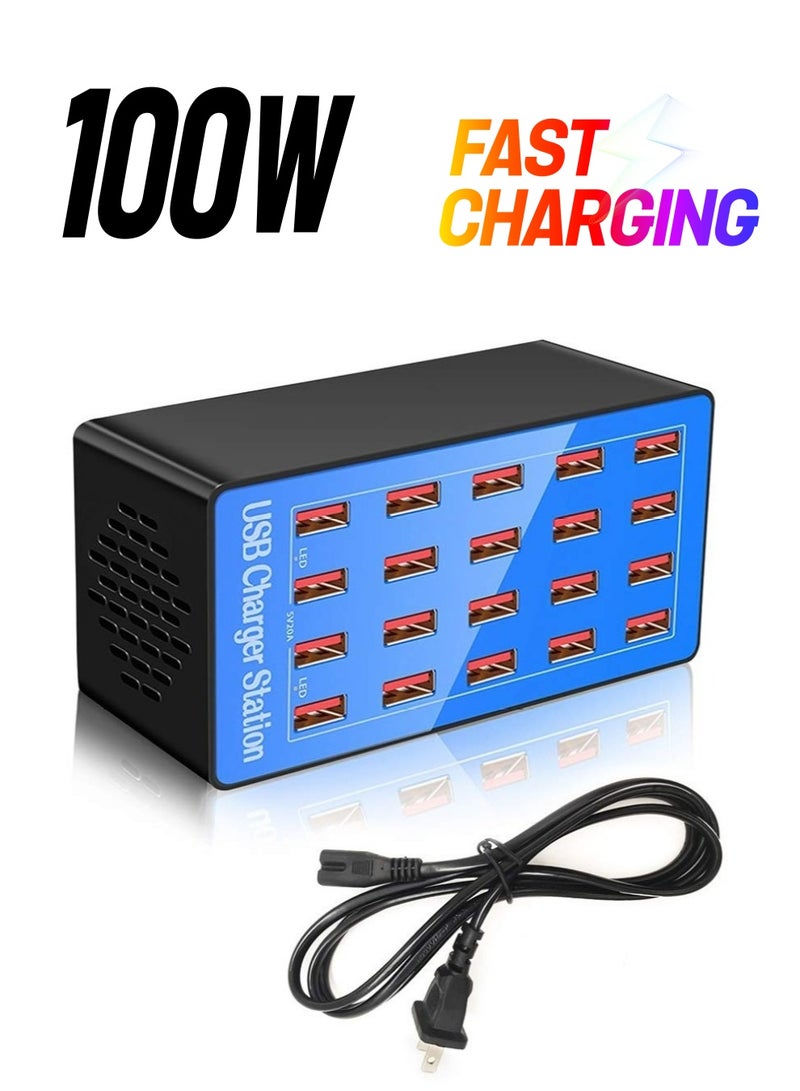 Excefore محطة شحن USB، 20 منفذ 100 واط/20 أمبير محطة شحن USB متعددة، شاحن USB متعدد المنافذ، للأجهزة اللوحية وغيرها من أجهزة USB، للفنادق والمتاجر والمدارس ومراكز التسوق والسفر - Image 1