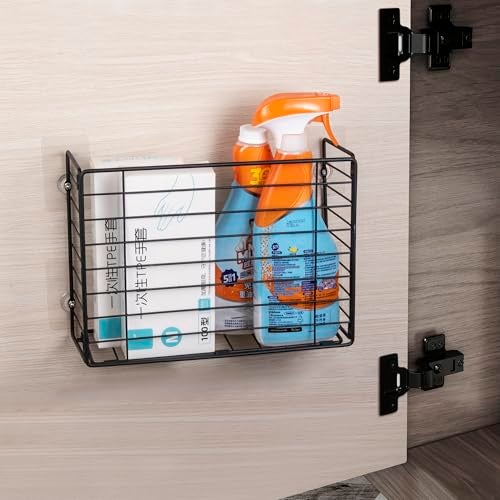 Lonian Wall Mounted Storage Basket Black Metal Wire Kitchen Wrap Organizer Rack Heavy Duty Hanging Basket for Cabinet Door Pantry Cutting Boards Foil and Cleaning Supplies - Image 1