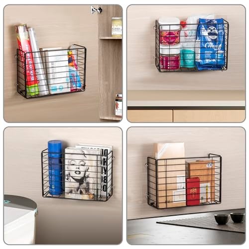 Lonian Wall Mounted Storage Basket Black Metal Wire Kitchen Wrap Organizer Rack Heavy Duty Hanging Basket for Cabinet Door Pantry Cutting Boards Foil and Cleaning Supplies - Image 3