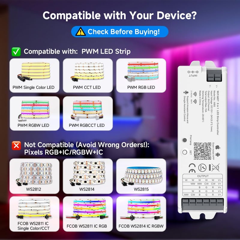 BTF-LIGHTING 5in1 WB5 2.4GHz Tuya WiFi PWM LED Controller Compatible with Alexa/Google Home/Smart Life/Tuya Smart APP Control for Dimming CCT RGB RGBW RGBCCT LED Strip Work with WR01RF WR02RF etc - Image 2