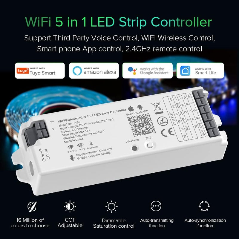 BTF-LIGHTING 5in1 WB5 2.4GHz Tuya WiFi PWM LED Controller Compatible with Alexa/Google Home/Smart Life/Tuya Smart APP Control for Dimming CCT RGB RGBW RGBCCT LED Strip Work with WR01RF WR02RF etc - Image 3