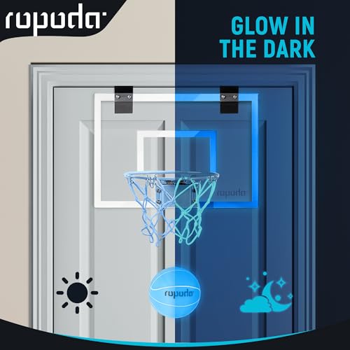 ROPODA حلقة كرة السلة الصغيرة من روبودا تتوهج في الظلام، حلقة كرة السلة فوق الباب، حلقة كرة سلة داخلية، لوحات خلفية لكرة السلة للمراهقين والبالغين، حلقة صغيرة للأطفال مع 4 كرات ومضخة زرقاء - Image 5