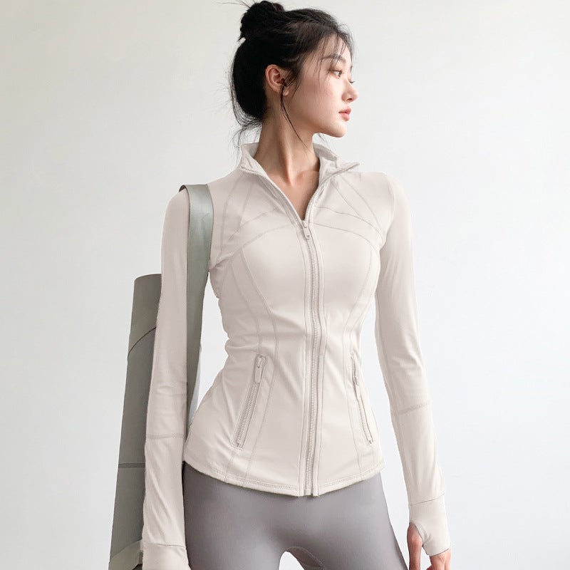 Generic Spring Yoga Clothing Tops for Women, Stand-Up Collar, Tight-Fitting and Slimming, Spring and Summer Fitness Clothing Jackets, Running Quick-Drying Sports Jackets Ivory white