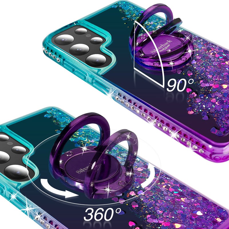 Silverback for Samsung Galaxy S22 Ultra Case, Moving Liquid Holographic Sparkle Glitter Case with Kickstand, Girls Women Bling Diamond Ring Slim Protective Case for Galaxy S22 Ultra 5G, Purple - Image 3