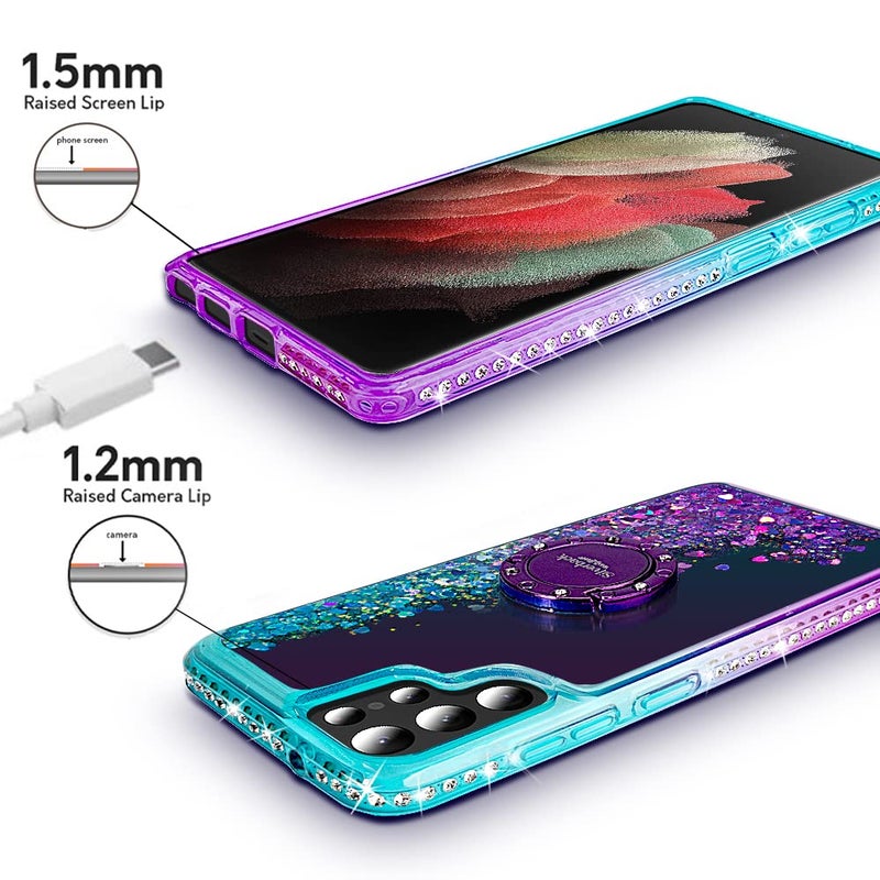 Silverback for Samsung Galaxy S22 Ultra Case, Moving Liquid Holographic Sparkle Glitter Case with Kickstand, Girls Women Bling Diamond Ring Slim Protective Case for Galaxy S22 Ultra 5G, Purple - Image 4