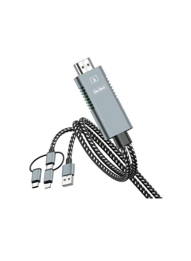 هوتو محول كابل فيديو 3 في 1 HOOTOO – دعم منافذ Micro USB، Lightning، Type-C – كابل HDMI لتحويل شاشة الهاتف والتابلت إلى التلفاز أو البروجيكتور – عرض فيديو بدقة 1080P HD كاملة – كابل عرض شاشة للأيفون، الأندرويد، جالكسي، الآيباد – مزامنة صوت وفيديو عالية الجودة بدون تقطيع – توصيل سهل Plug and Play بدون برامج – كابل بث شاشة الموبايل للتلفزيون، شاشة الكمبيوتر، جهاز العرض – محول متعدد الاستخدامات للهواتف الذكية، التابلت، أجهزة الألعاب، الشاشات الخارجية – مناسب للاجتماعات، العروض التقديمية، مشاهدة الأفلام، الألعاب، والبث المباشر - Image 2