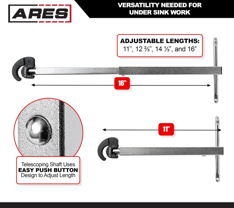 ARES 33001-11-Inch to 16-Inch Telescopic Basin Wrench with Adjustable 1 3/8-Inch Jaw - Basin Wrenches Increase Access in Tight Spaces - Image 2